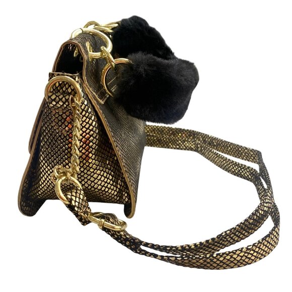 Gold Snake Print Faux Leather Shoulder Bag With Chain Strap & Faux Fur Handle - Picture 2 of 6